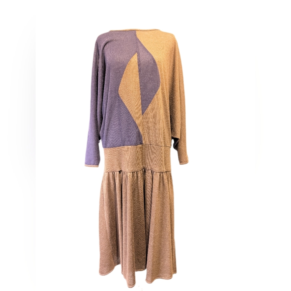 Vintage 1980s Liptons Sz L Drop Waist Batwing Linen Blend Maxi Dress